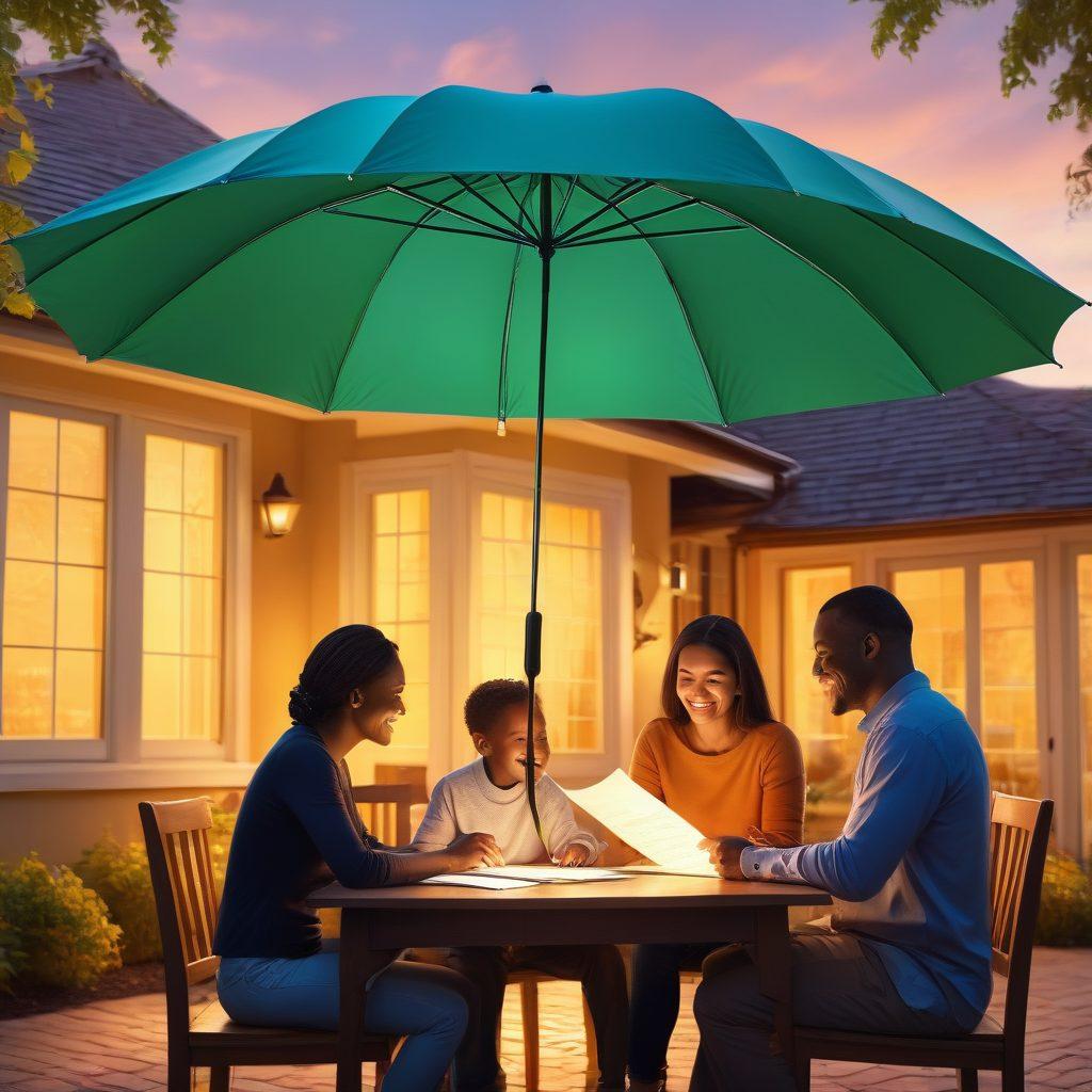 A serene scene of a diverse family sitting around a table, actively discussing insurance documents with smiles on their faces, surrounded by symbols of security like a sturdy house, and a protective umbrella overhead. Graphic elements like charts and graphs are subtly integrated in the background representing growth and financial protection. The lighting is bright and inviting, symbolizing hope and security. 3D. vibrant colors. soft focus.