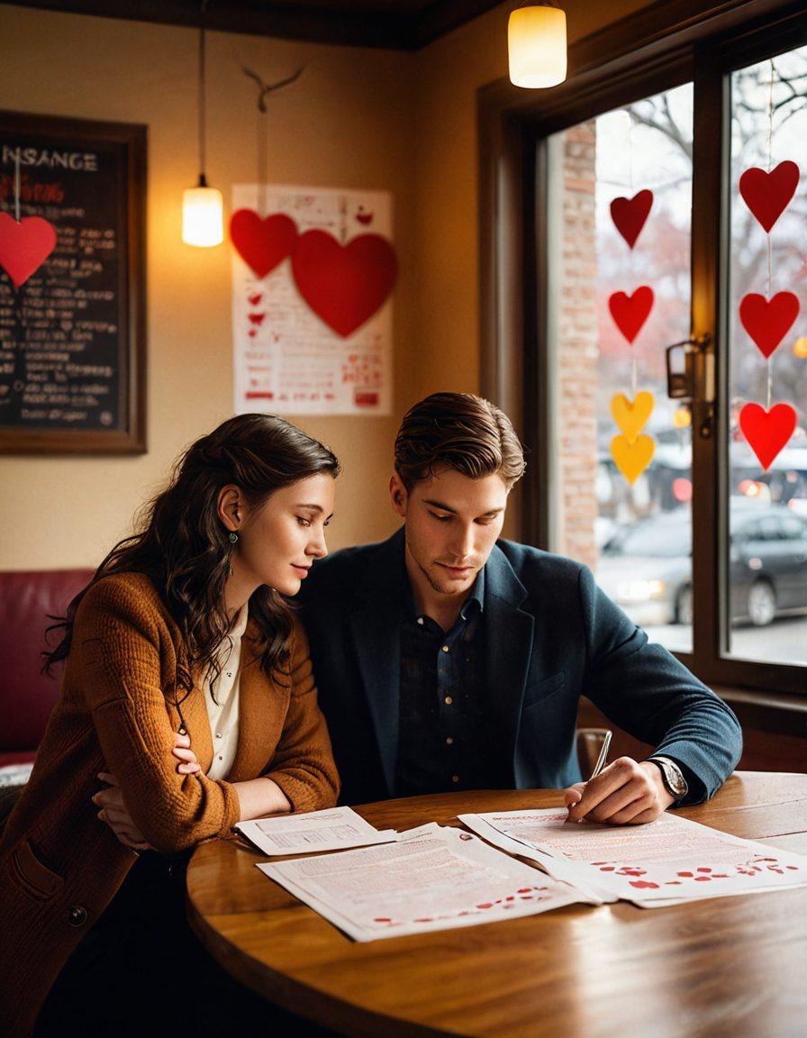 A romantic couple sitting together at a cozy coffee shop, reviewing insurance documents with thoughtful expressions. The table is surrounded by heart-shaped decorations and dollar signs, symbolizing love and financial decisions intertwining. A soft, warm light filters through the window, creating an inviting atmosphere. Subtle financial graphs are visible in the background. vibrant colors. cozy ambiance. super-realistic.