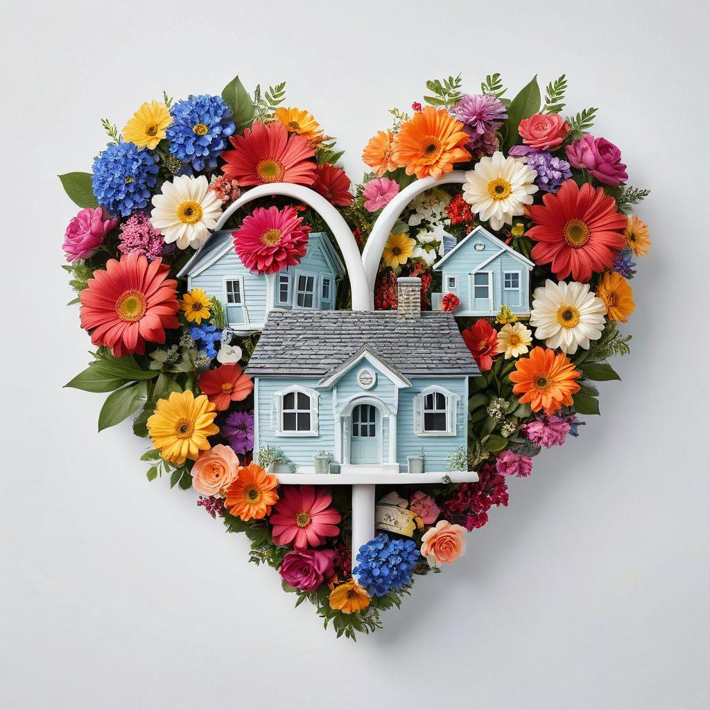 A heart symbol entwined with a dollar sign, surrounded by various insurance icons (home, car, health) intertwined with blooming flowers, representing growth and stability in financial future. Soft pastel colors to evoke warmth and trust. The background features a subtle city skyline, illustrating the connection between love, money, and community. super-realistic. vibrant colors. white background.